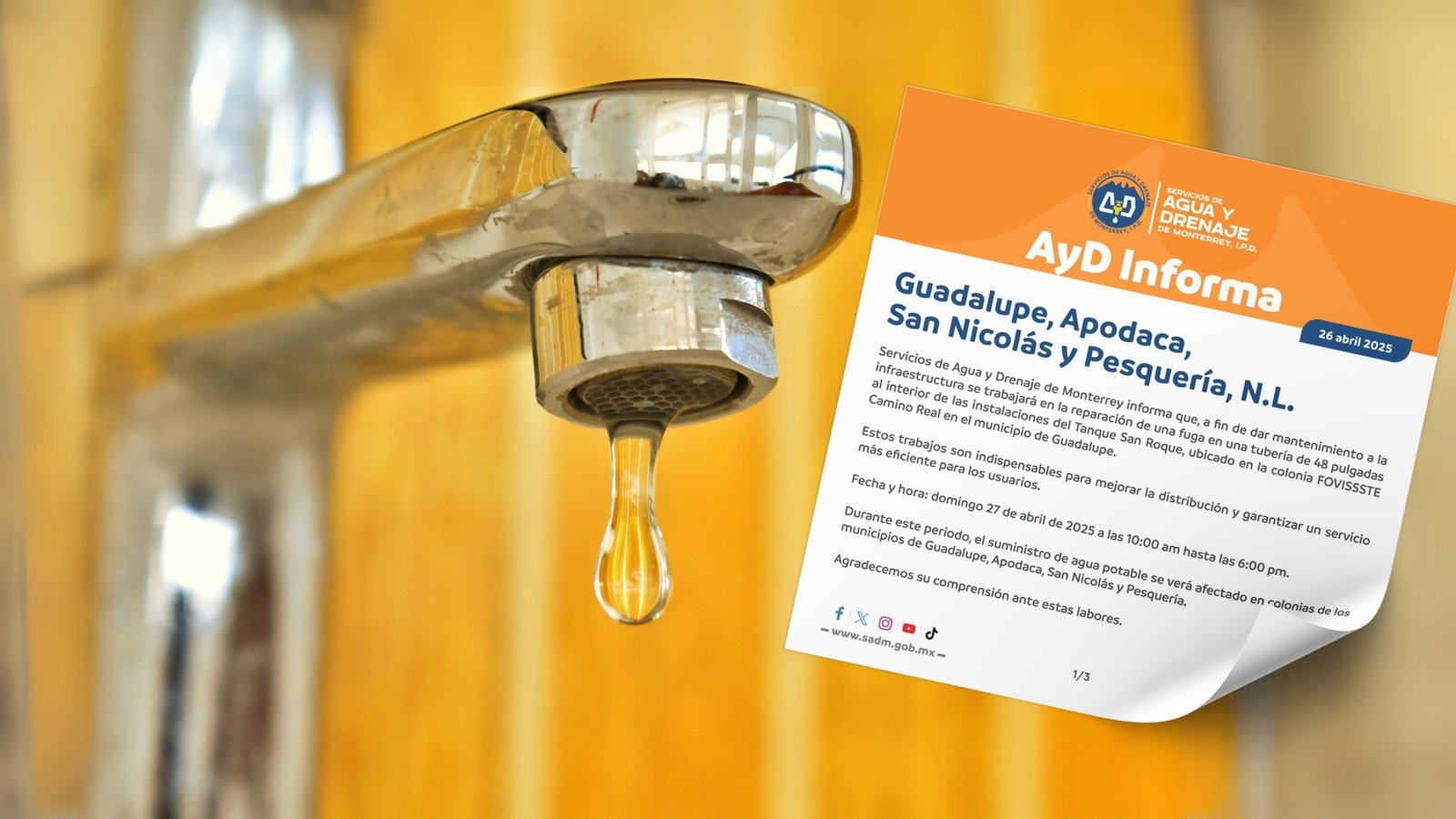 Anuncian corte de agua en Gpe, Apodaca, San Nicolás y Pesquería