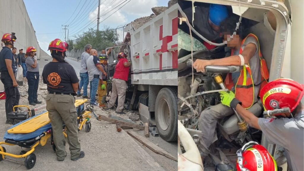 Choque entre camiones deja hombre prensado en Pesquería