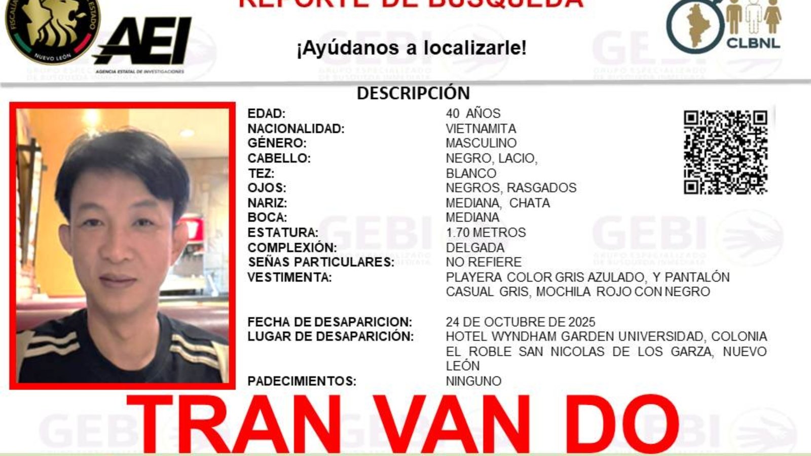 Ficha de búsqueda de Tran Van Do emitida por la Agencia Estatal de Investigaciones