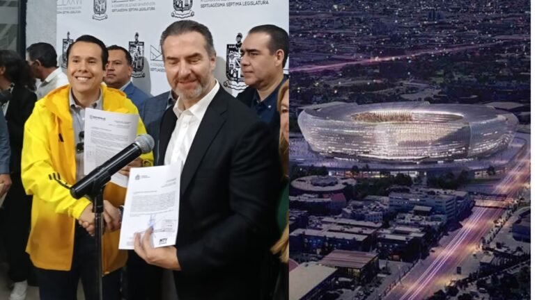 Los alcaldes Adrián de la Garza y Daniel Carrillo entregaron al Congreso las actas de Cabildo que autorizan la cesión de terrenos y el inicio de trámites para el nuevo estadio de los Tigres.