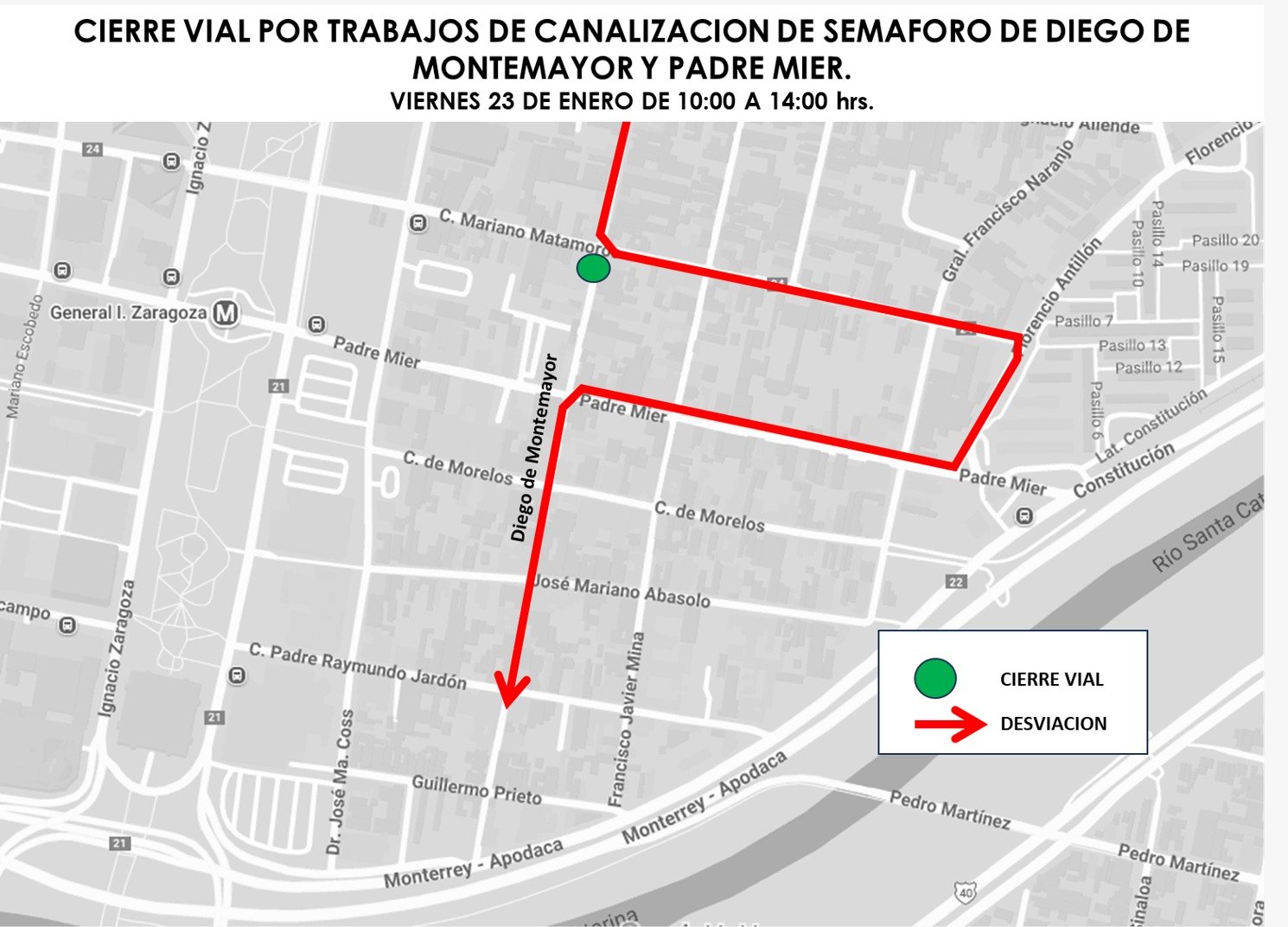 Trabajos de modernización de semáforo en Padre Mier y Diego de Montemayor