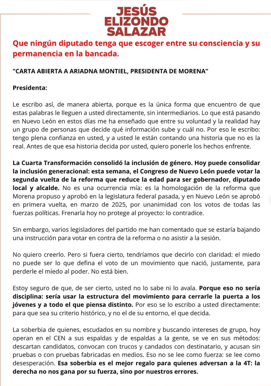 Denuncia Elizondo boicot para reducir la edad para ser gobernador