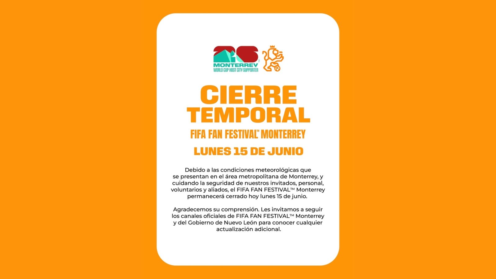 Suspenden el Fan Fest de hoy, 15 junio, por condiciones climáticas