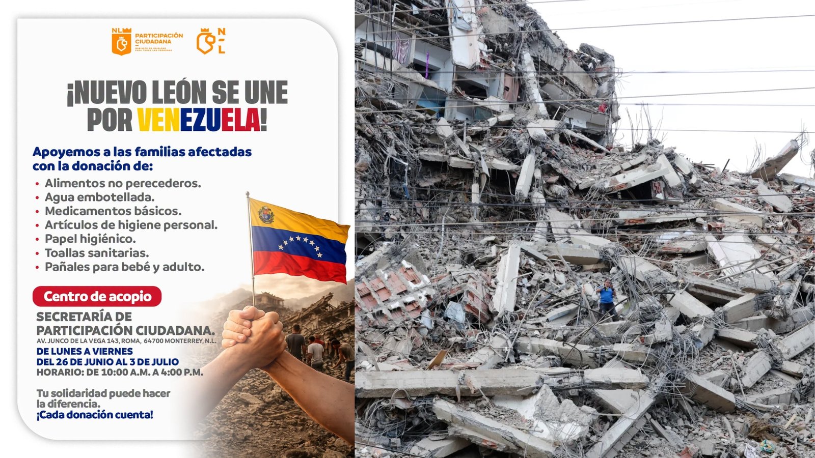 Nuevo León instala centro de acopio para damnificados en Venezuela