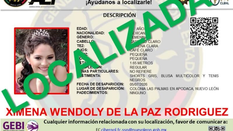 Localizan en Apodaca a menor reportada como desaparecida