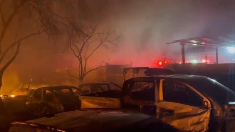 Consume incendio en tarimera de Apodaca ocho vehículos