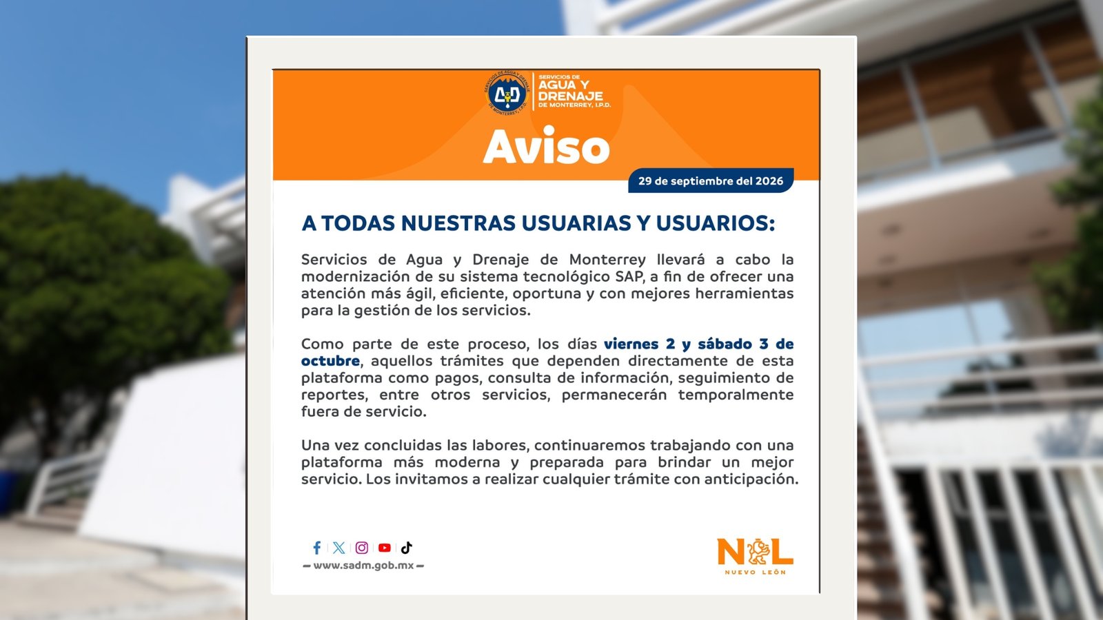 Suspenderá Agua y Drenaje trámites el 2 y 3 de octubre