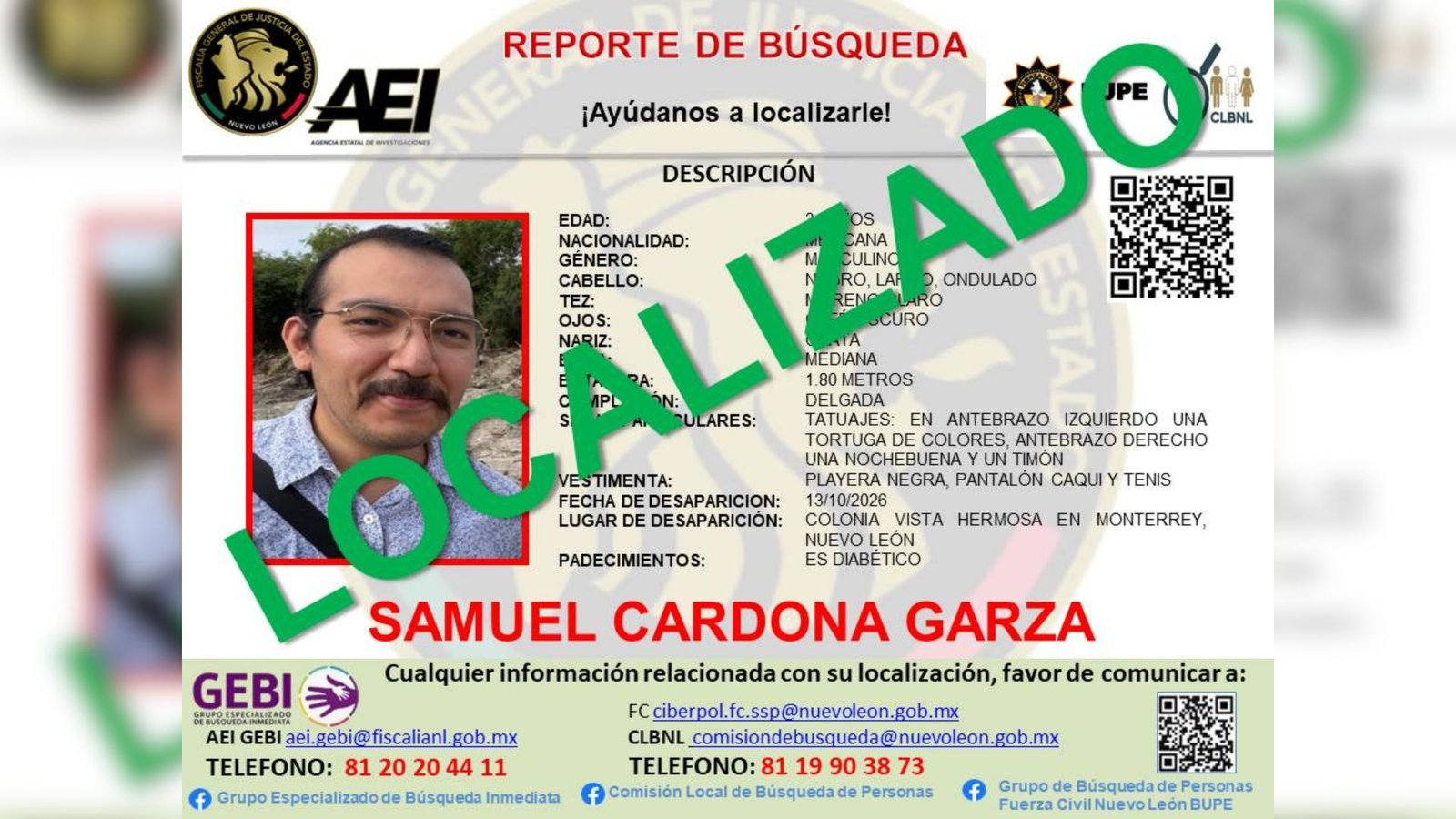 Localizan con vida a Samuel Cardona Garza tras 14 días desaparecido