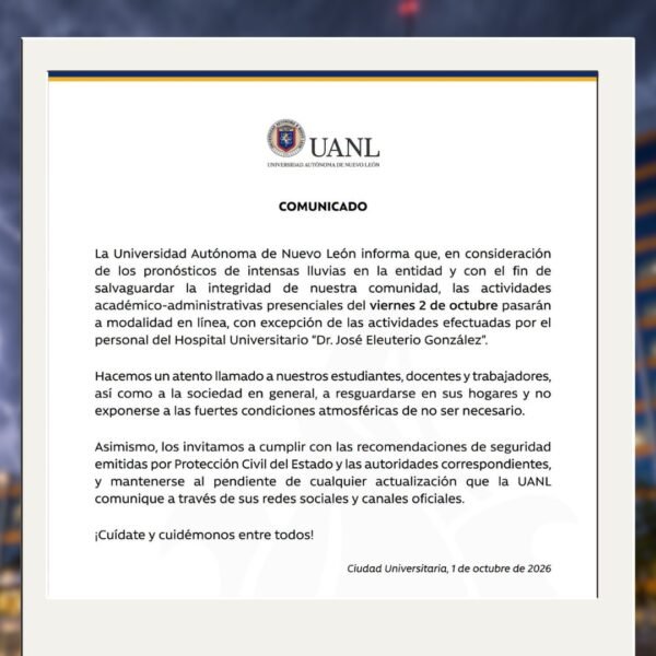 Suspende UANL actividades presenciales por lluvias en Nuevo León