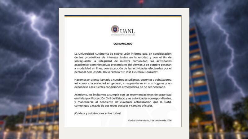 Suspende UANL actividades presenciales por lluvias en Nuevo León