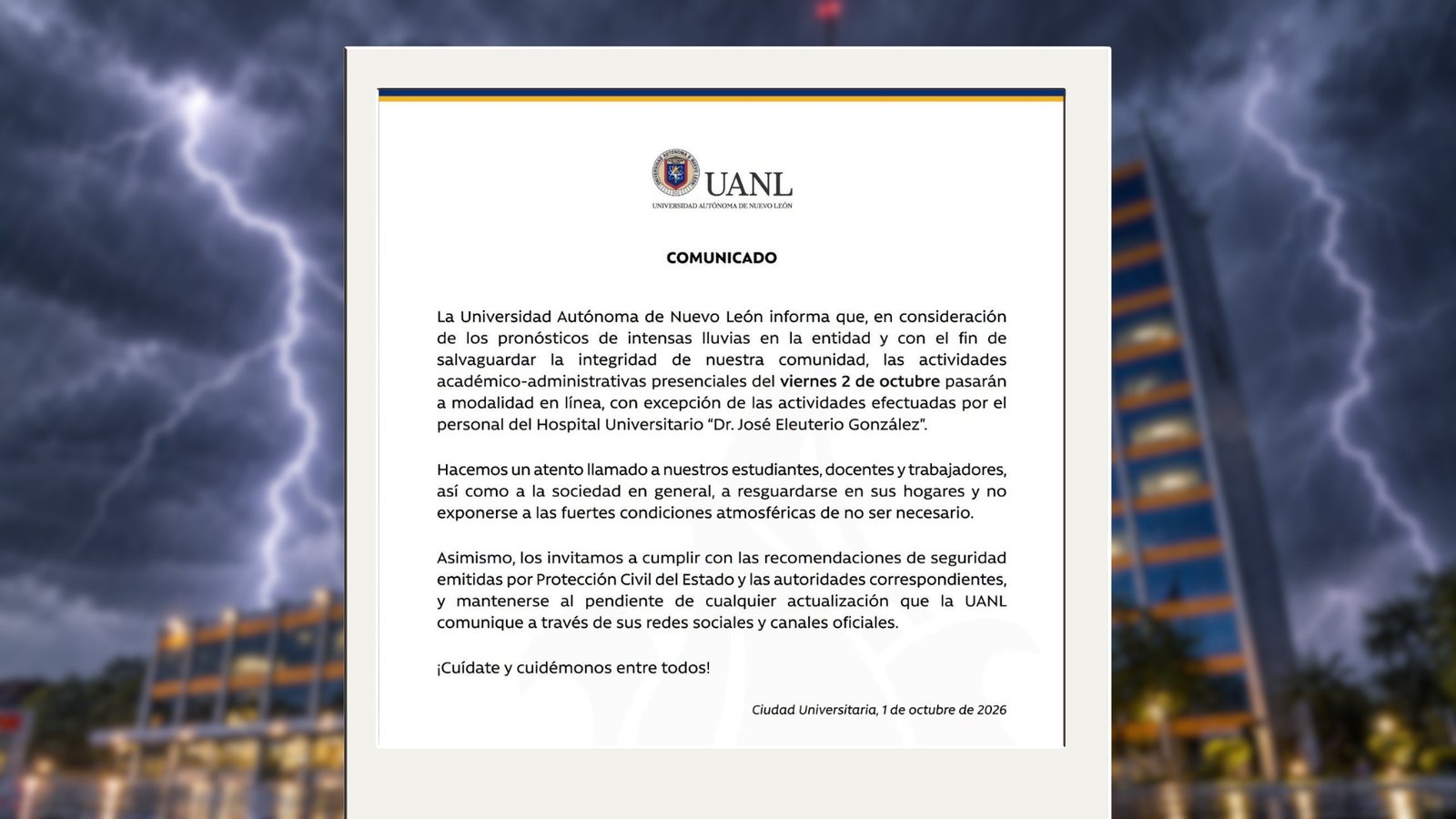 Suspende UANL actividades presenciales por lluvias en Nuevo León